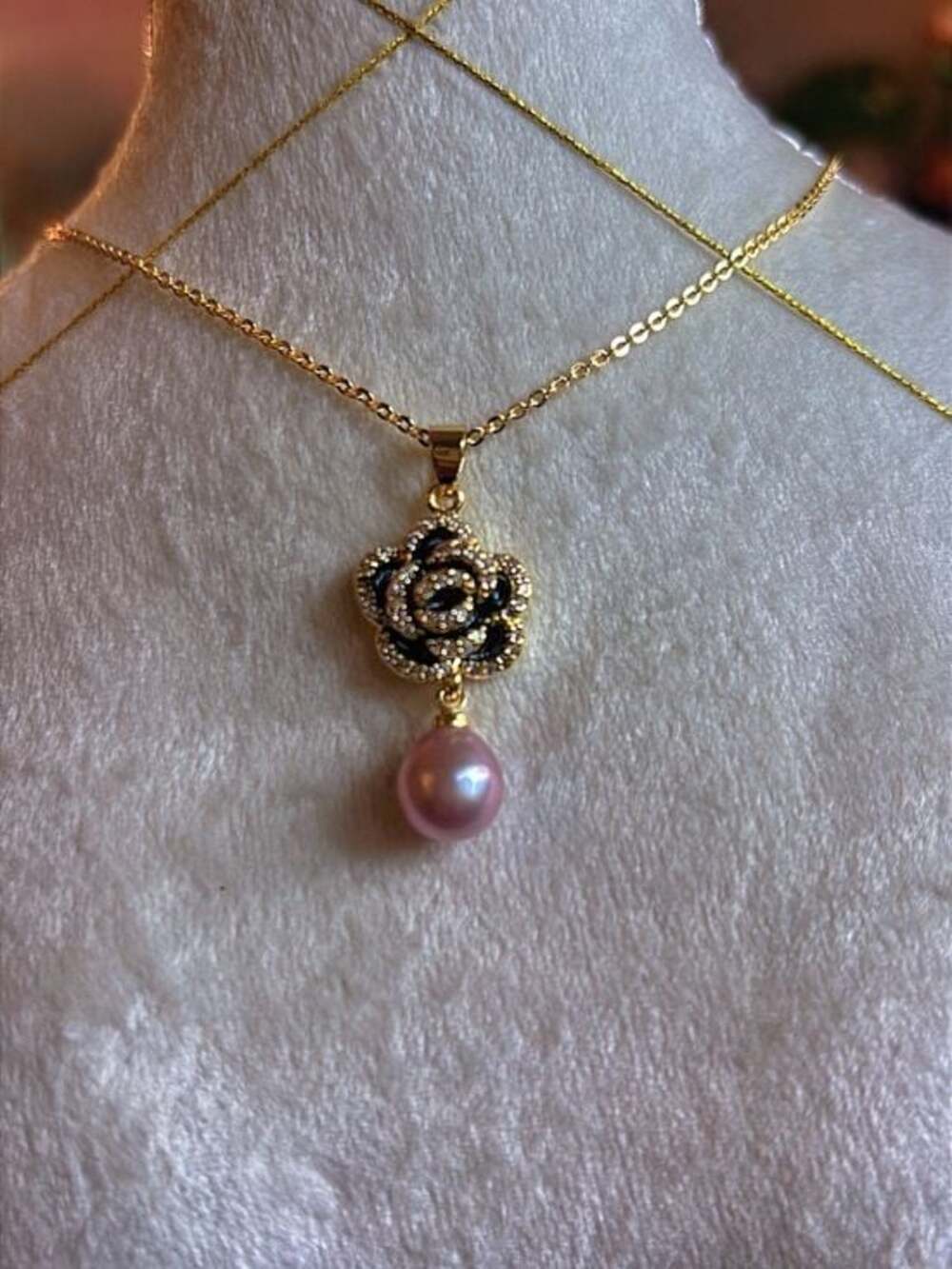 Gold Floral Rose Crystal Pendant Necklace with Pink Pearl Drop